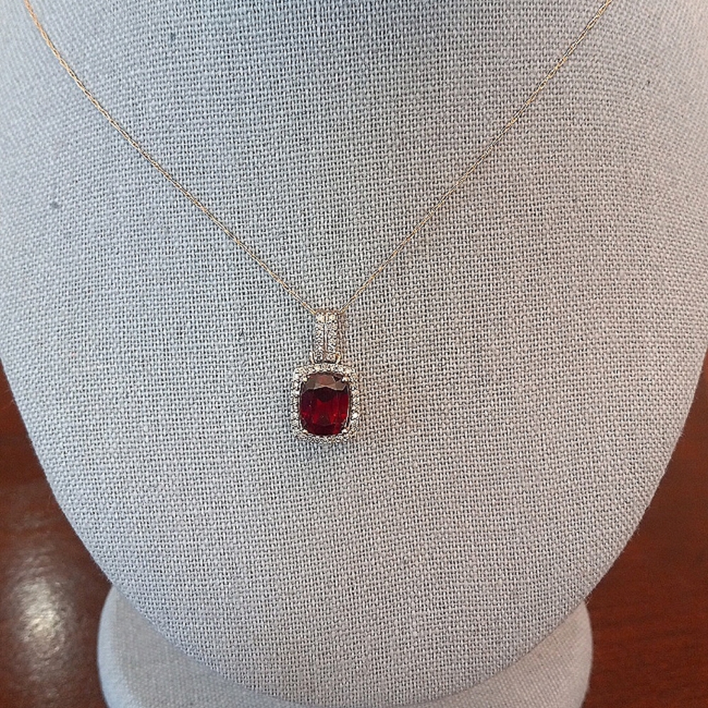 Cushion Cut Red Garnet 11x9mm & Diamond Pendant in SOLID 10K YG